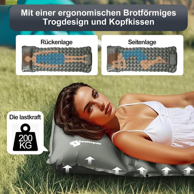 Oppustelig liggeunderlag til camping og vandreture Grå
