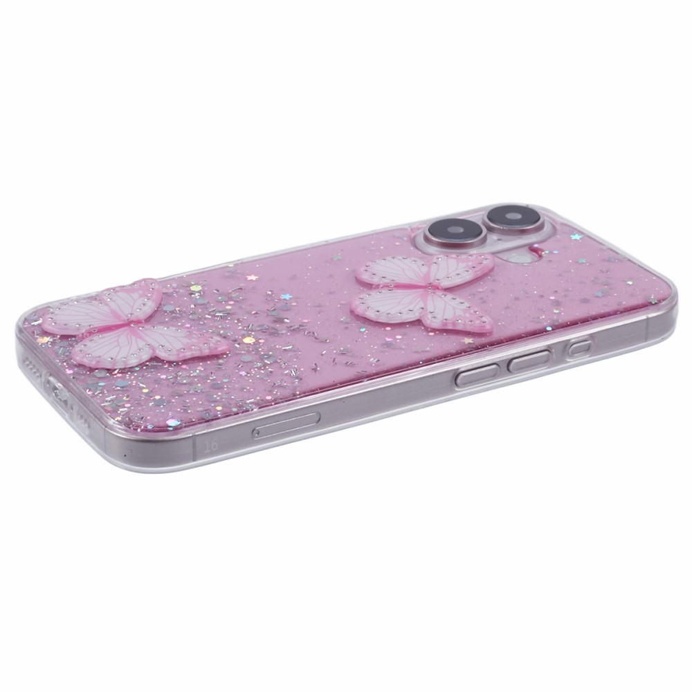 iPhone 16 Hybrid Hardcase Schutzhülle im Glitzer Design Schmetterling - Rosa / Transparent