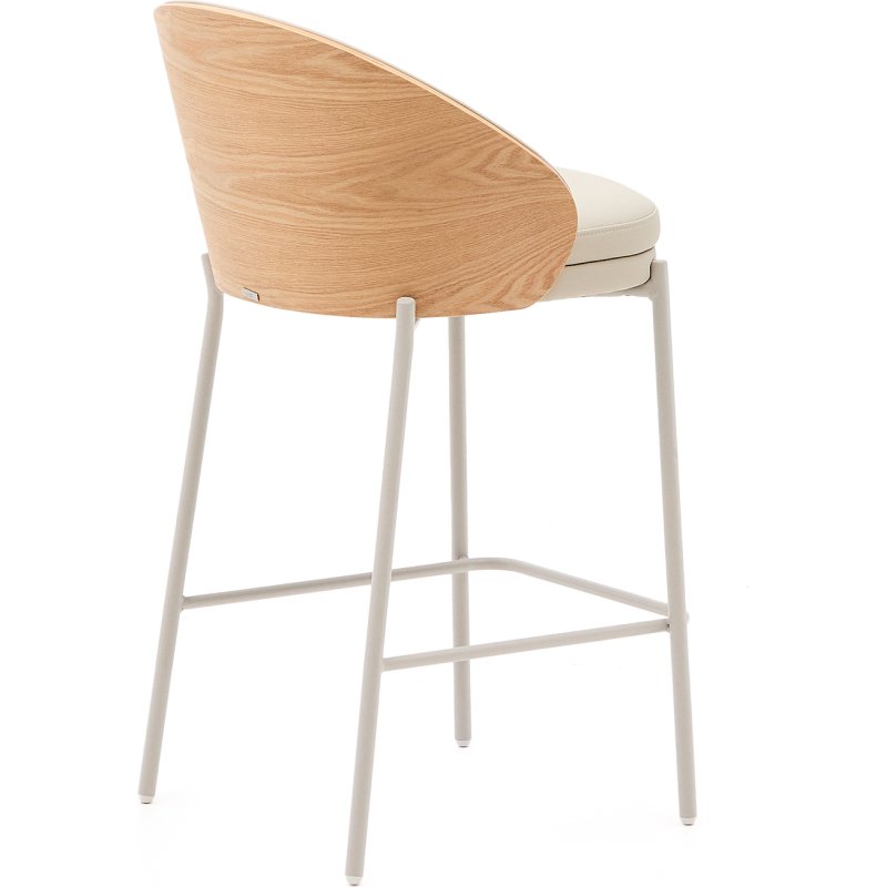 Tabouret Eamy en cuir synthétique beige, placage de frêne avec finition naturelle et métal hauteur 86 cm