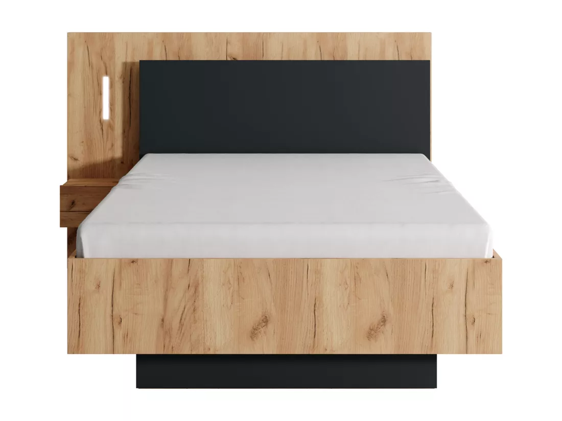 Lit avec chevet 120 x 200 cm - 1 tiroir - Avec LEDs - Coloris : Naturel et anthracite - FRANCOLI