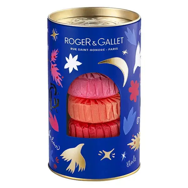 Conjunto de presente Roger & Gallet com 3 sabonetes benéficos de 100g: Flor de figo, Gengibre e Rosa.