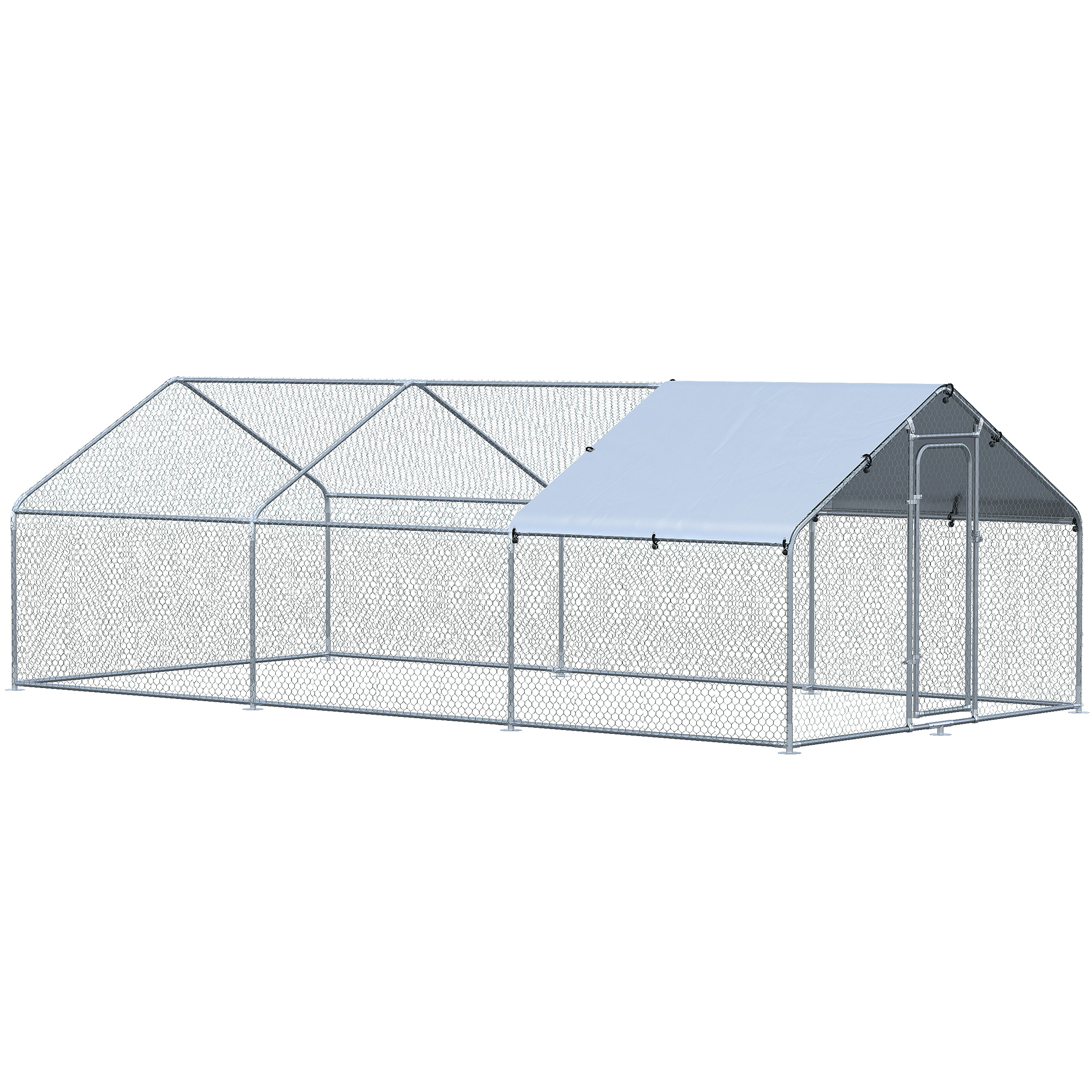 Galinheiro grande PawHut para exterior, em metal galvanizado, 3,03 x 6 x 1,95 m, com 3 compartimentos e cobertura em tecido Oxford resistente à água e aos raios UV, ideal para pátios, cor prata.