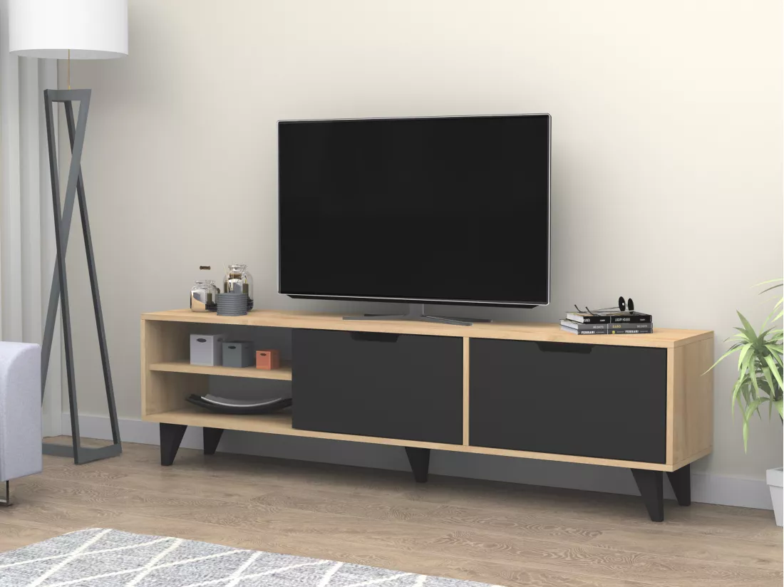 Meuble TV avec 2 portes et 2 niches - Noir et Naturel - CORENIA