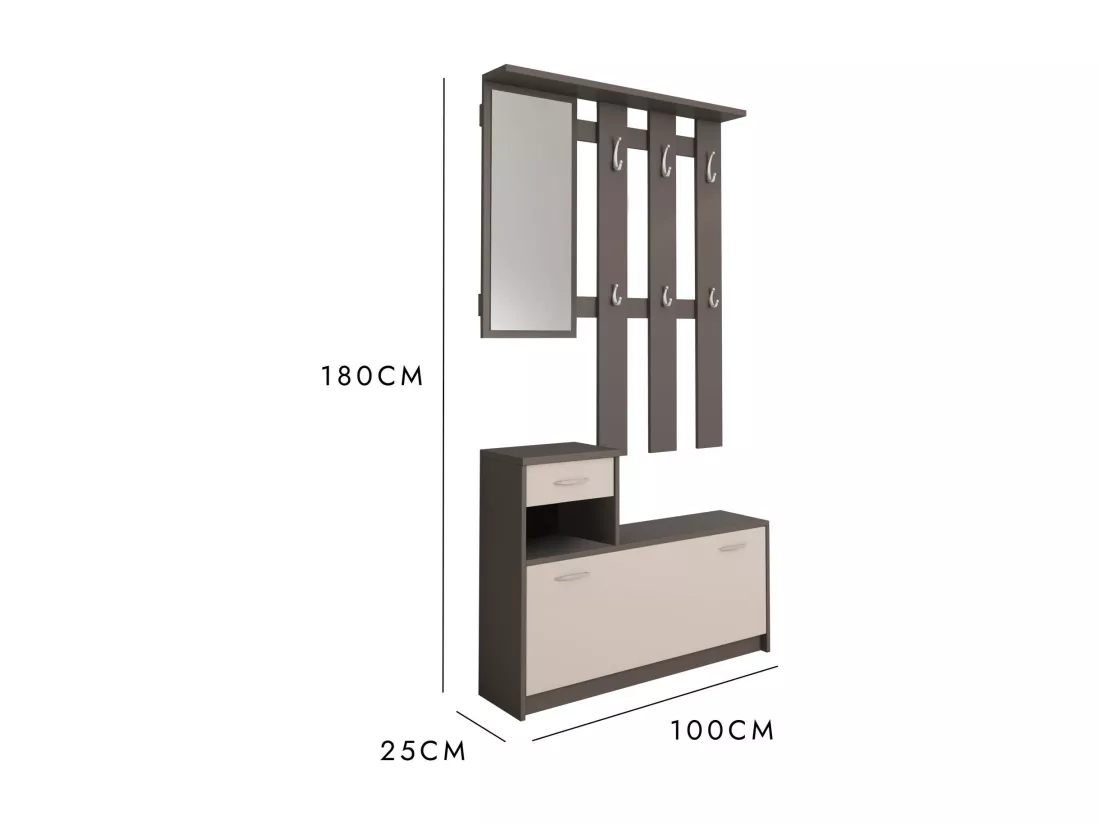 Meuble d'entrée Clint, Entrée moderne, Armoire avec étagère à chaussures, Armoire polyvalente avec miroir et cintre, 100x25h180 cm, Anthracite et Blanc