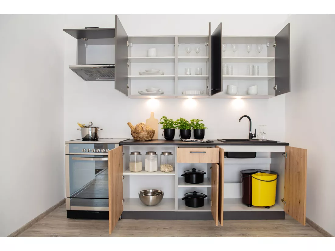 Cuisine complète celia 7 éléments couleur gris mat/chêne artisan - Longueur 240/180 cm