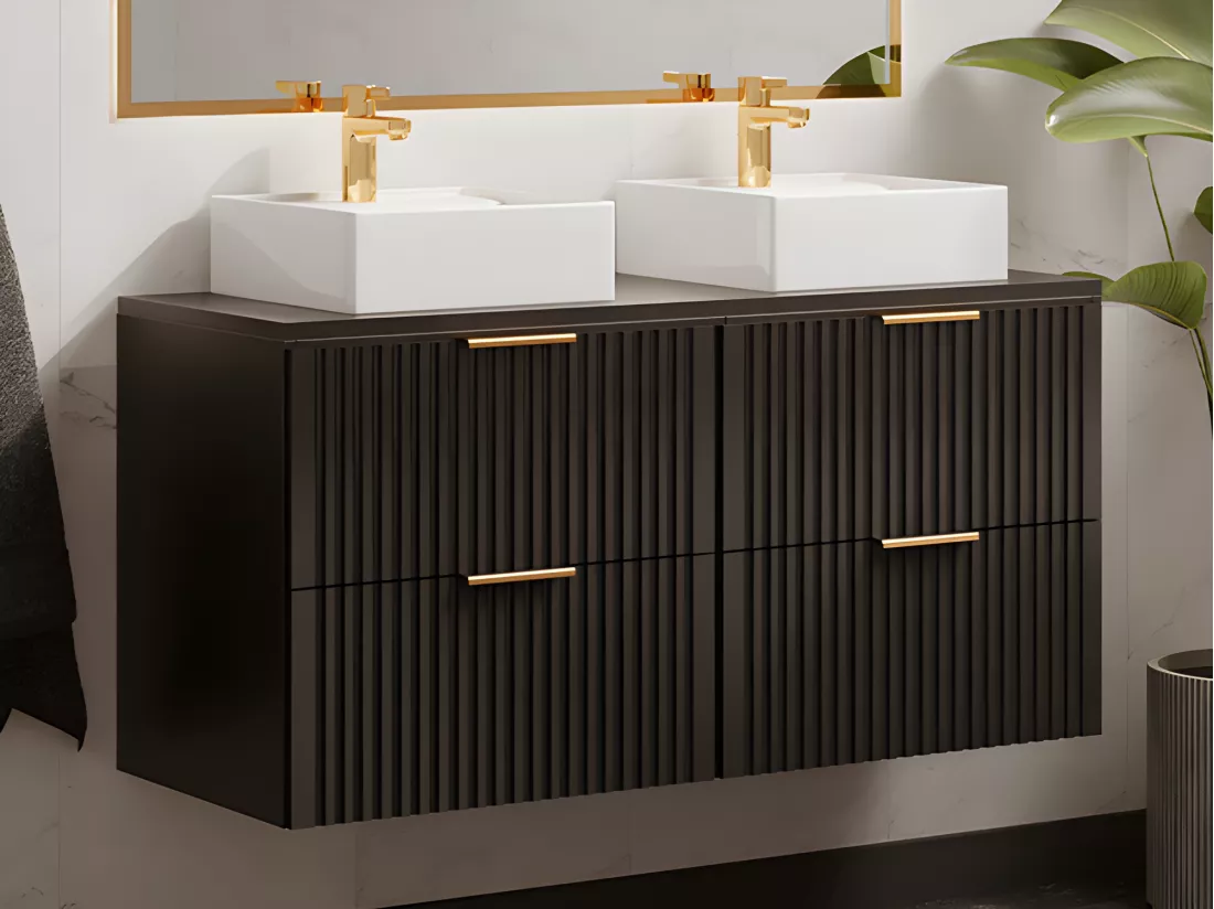 Meuble de salle de bain suspendu strié avec double vasque à poser carrée - Noir - L120 cm - ZEVARA