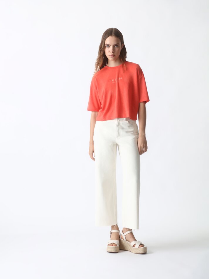 Camiseta cropped estampada - Vermelho Coral
