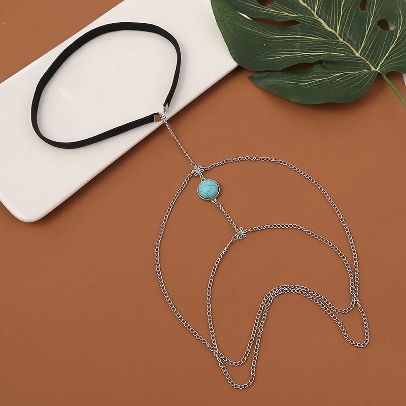 (Ø18-45cm) Elastische Bein Kette Boho Körper Schmuck Oberschenkel Festival Accessoire Blauer Stein - Silber / Schwarz