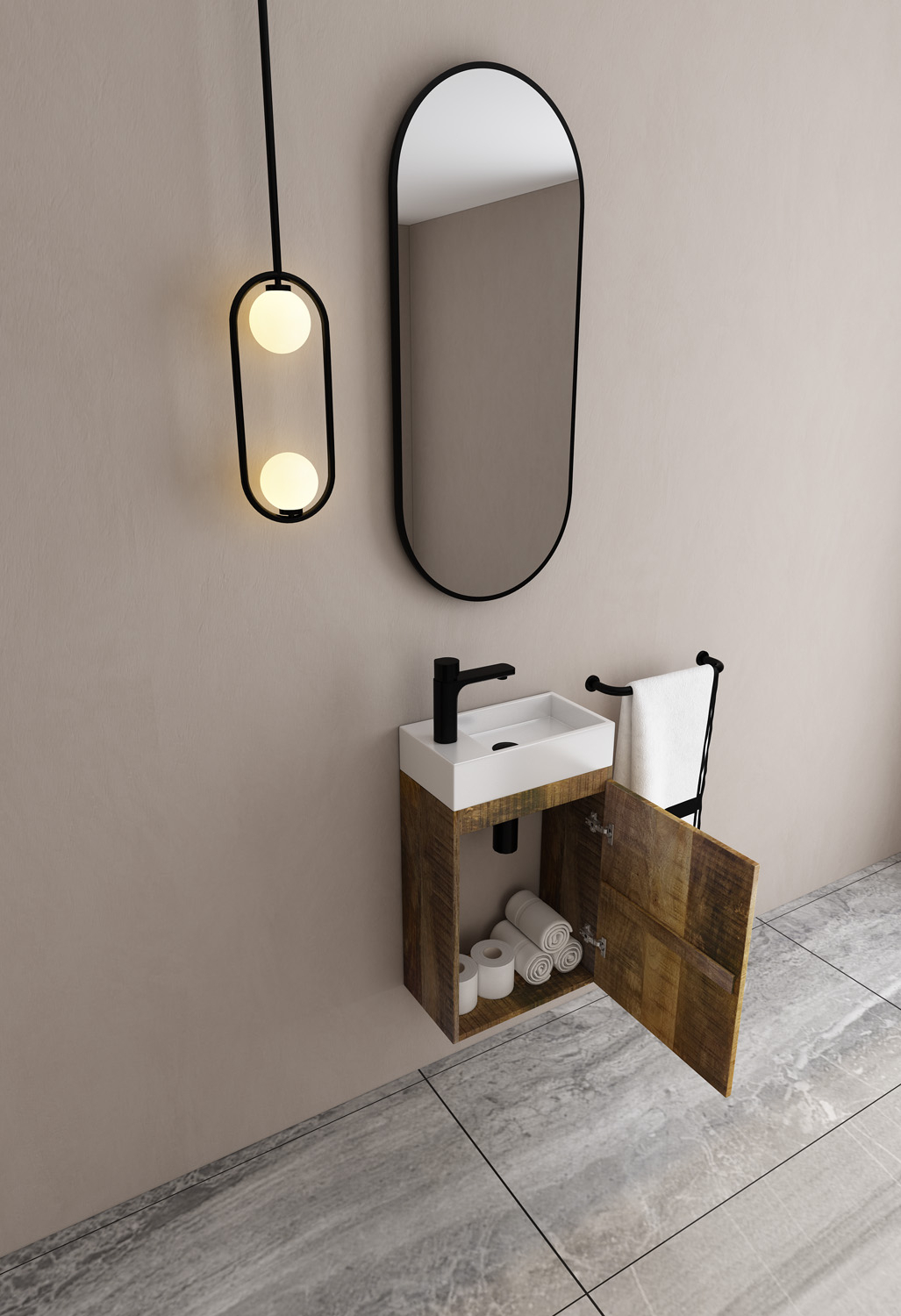 MD Interior Bello toiletmeubel mangohout rechts met solid surface fontein links