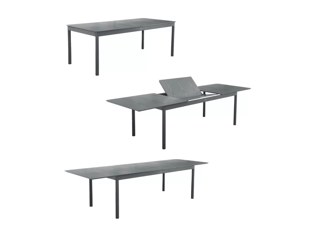 Table de jardin extensible aluminium + 8 assises anthracite. 8 fauteuils textilène. 210/300 x 100 x 75.5 cm