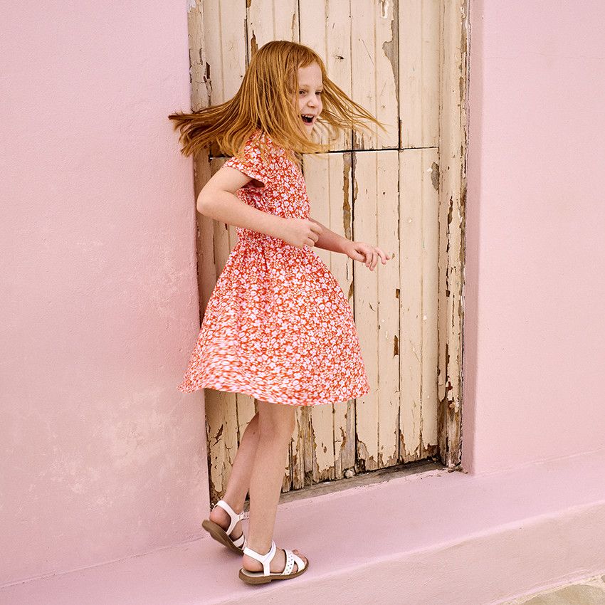 Robe manches courtes effet cache-cœur imprimé fleuri pour fille - Rouge