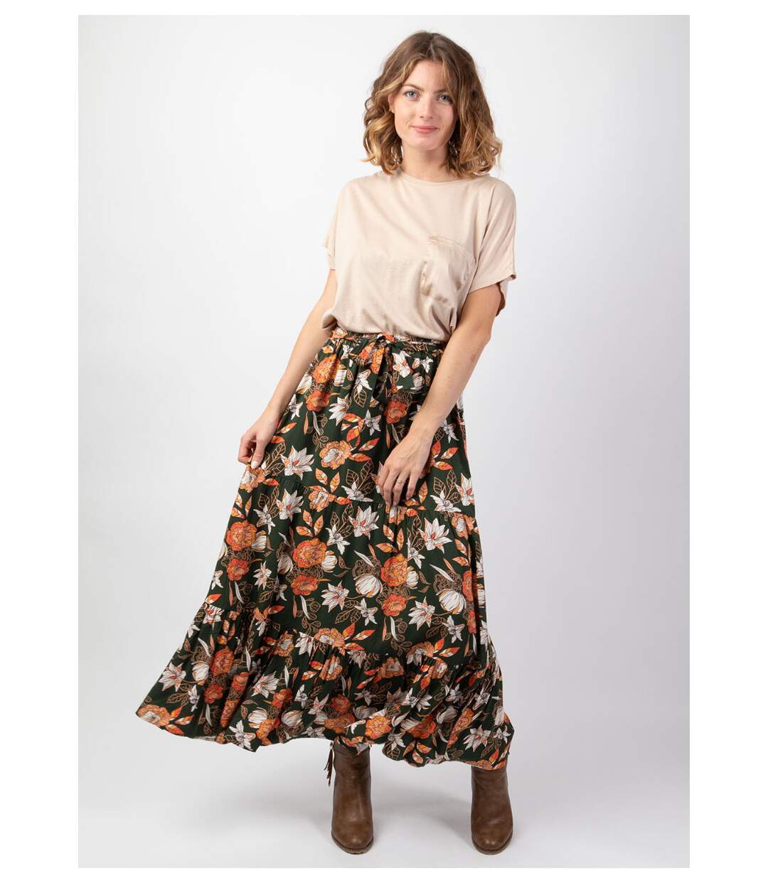 Jupe longue bohème en viscose épais FANNY imprimé fleuri kaki Coton Du Monde