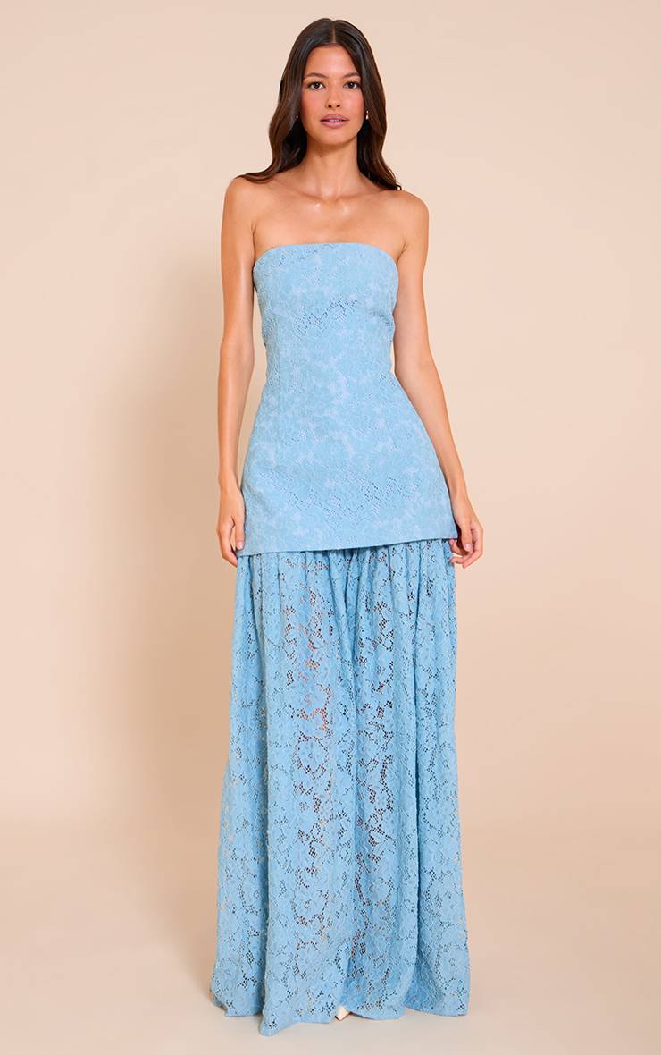 Bleu Clair Robe Midaxi Bandeau À Empiècements De Jupe En Dentelle Transparente