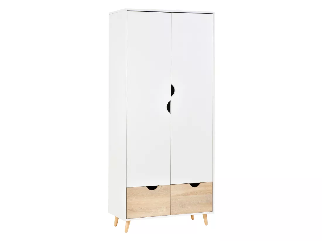 Armoire de rangement design scandinave - armoire de chambre - placard 2 portes avec penderie et étagère - 2 tiroirs coulissants - panneaux particules blanc chêne clair