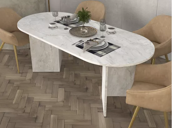 Table à manger 8 personnes - Effet marbre blanc - TOPANIA