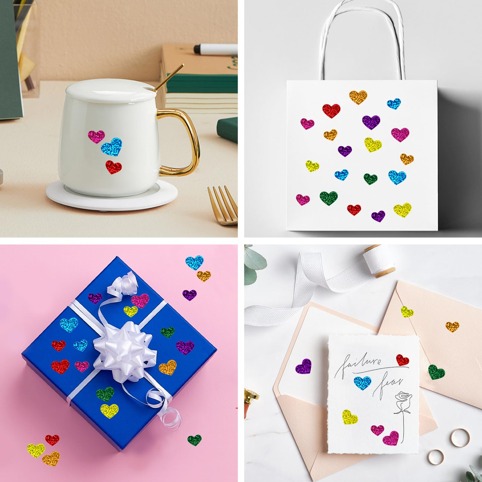 (1140er Set) 10-20mm Herz Aufkleber Heart Sticker Selbstklebende Etiketten in Glitzer Optik - Bunt
