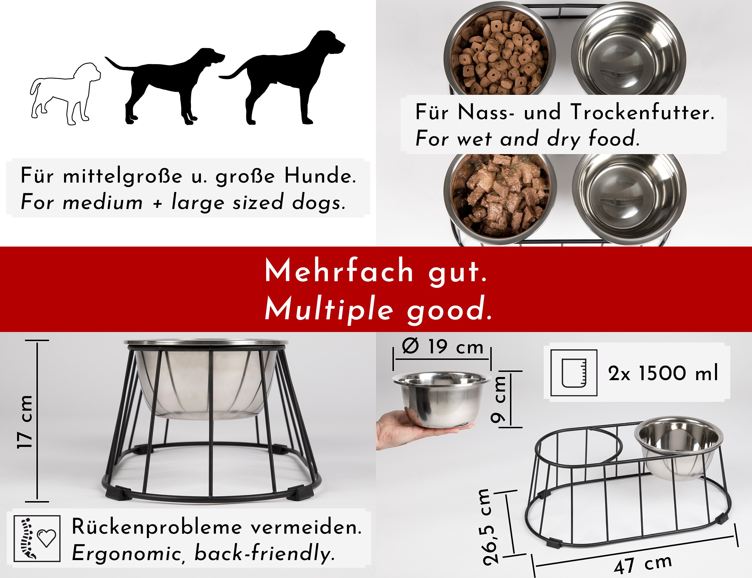 WONDERMAKE® Design Hundenapf erhöht für mittelgroße / große Hunde mit Ständer, Futternapf Hund Futterstation rutschfest aus Edelstahl, Fressnapf 2er Set 2 Näpfe doppelt, 47x26,5x17 cm, silber schwarz