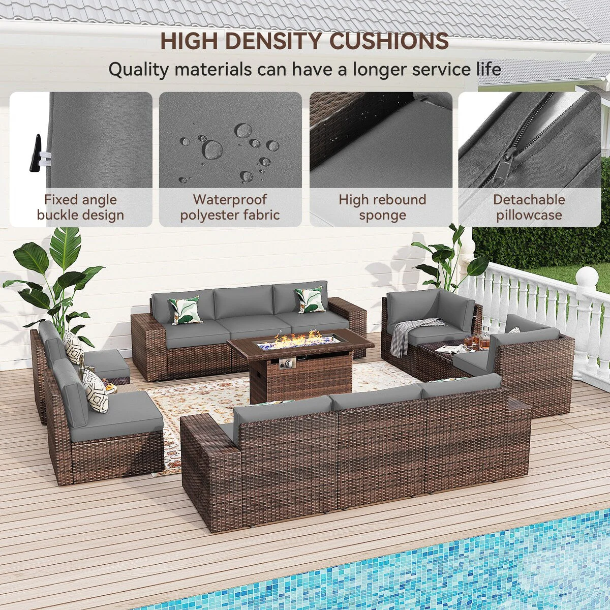 13 Pieces Patio Furniture Set with 44Fire Pit Table