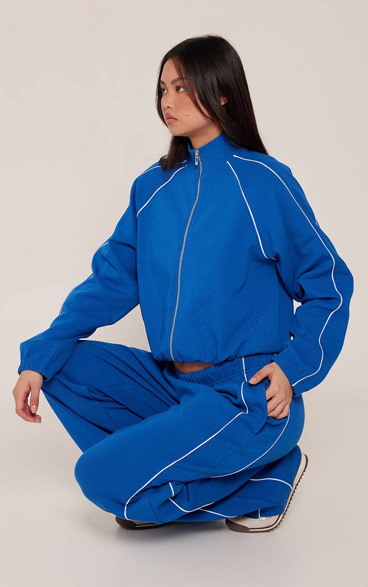 Bleu Cobalt Jogging Interlock À Jambes Larges Avec Passepoil Contrasté
