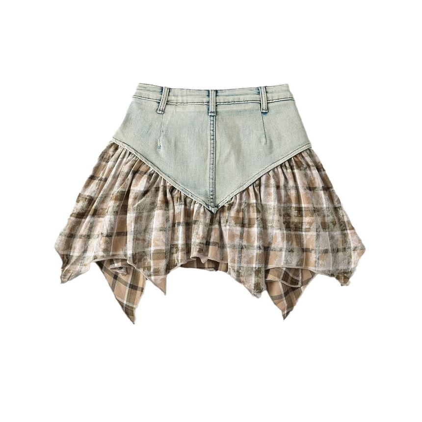 Firebird - Laag uitgesneden denim minirok met geruit paneel