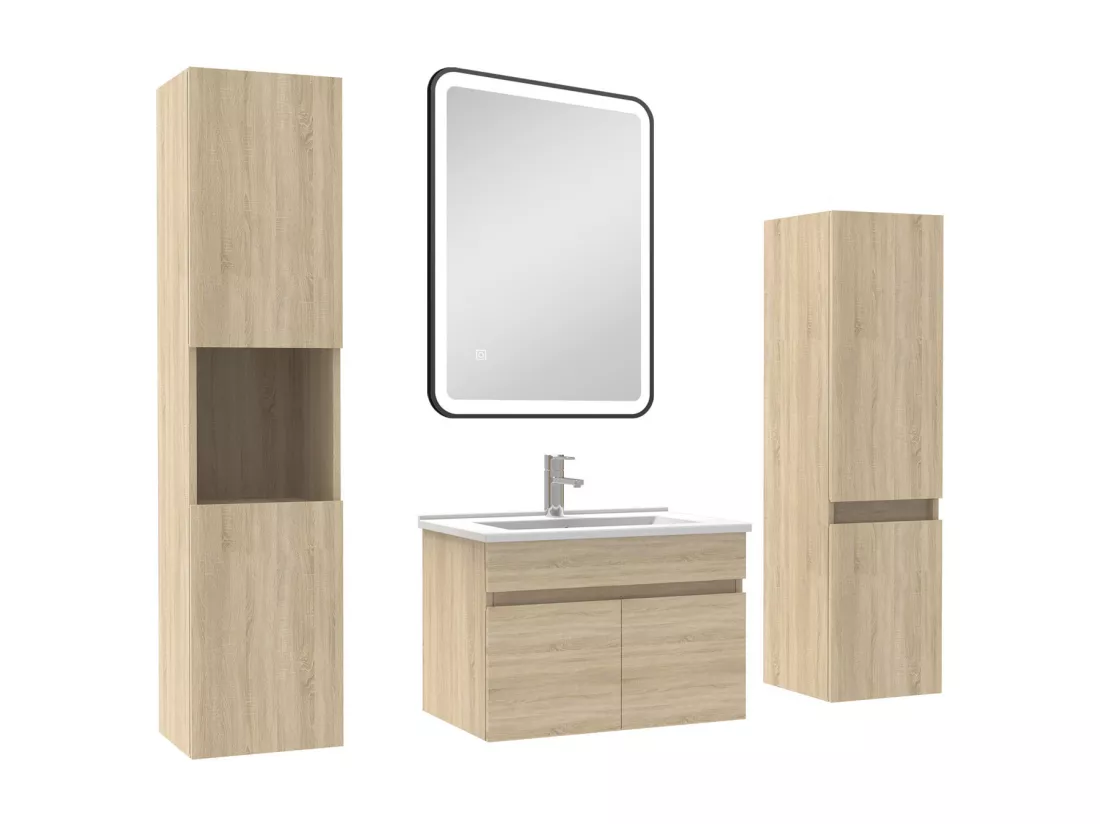 Meuble simple vasque chêne wotan 60cm avec colonne + miroir lumineux 3 couleurs + dimmable