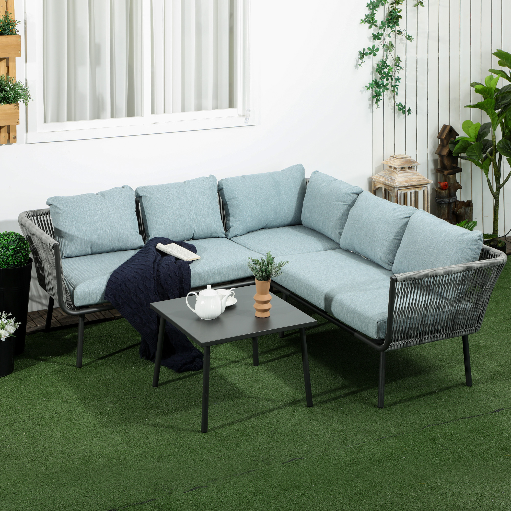 Conjunto de Móveis de Rattan Outsunny de 4 Peças, Conjunto de Móveis para Jardim, Sofá de 2 Lugares, Sofá de Canto, Mesa de Centro com 6 Almofadas Acolchoadas e Estrutura de Alumínio para Varanda ou Terraço, Cinza