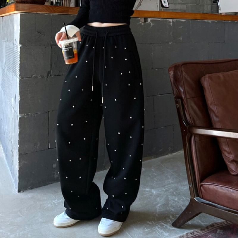 Rosesand - Hoge taille effen strass losse wijde joggingbroek