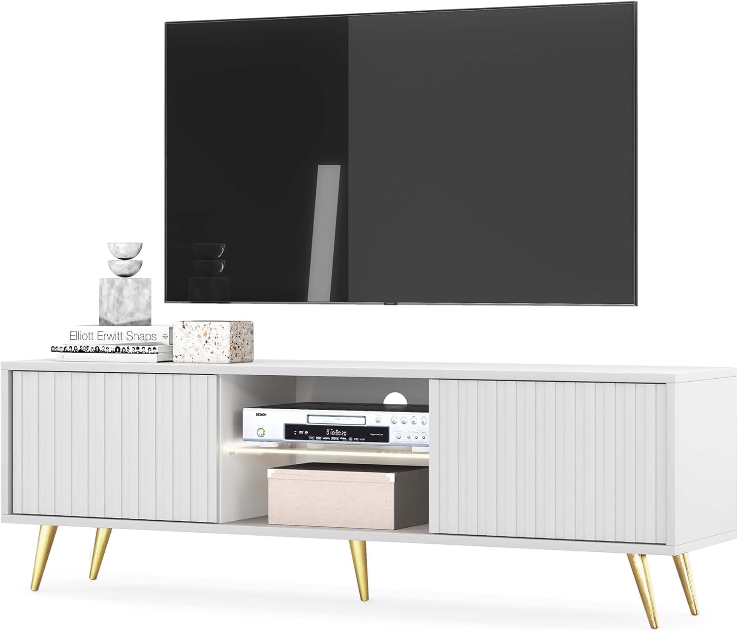 Selsey TV Schrank Board Sideboard Fernsehtisch Fernsehschrank Mit Lamellen 135 cm Goldene Beine Weiß Bello