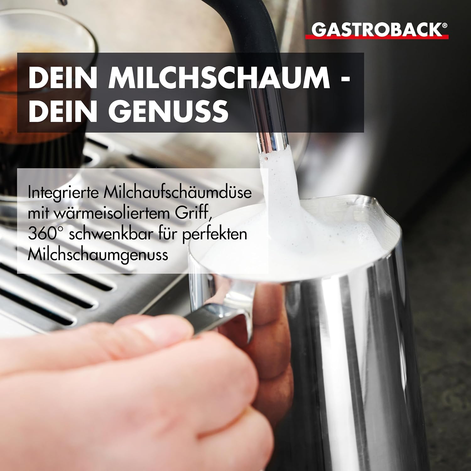 GASTROBACK Espresso Siebträgermaschine mit Mahlwerk inkl. Milchkännchen, Tamper und Edelstahl Siebträger - Barista Kaffeemaschine mit Milchschäumer - Espressomaschine mit 30 Mahlgradeinstellung