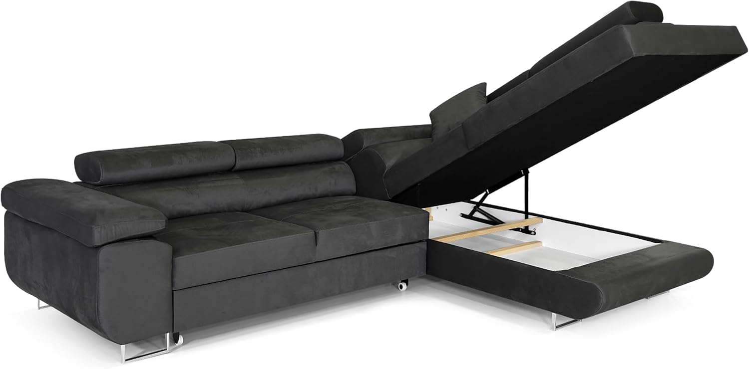 Ecksofa mit Schlaffunktion PASTI L-Form, Sofa Couch mit Bettkasten, 3-Sitzer Eckcouch, Schlafsofa für Wohnzimmer, Big Sofa Couch mit Schlaffunktion (Dunkelgrau, Ottomane Rechts)