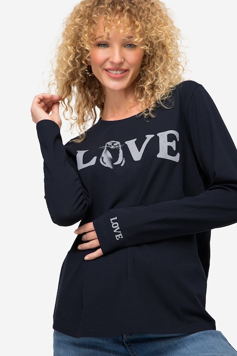T-Shirt, Regular Fit, LOVE Print, Rundhals, Langarm, Biobaumwolle