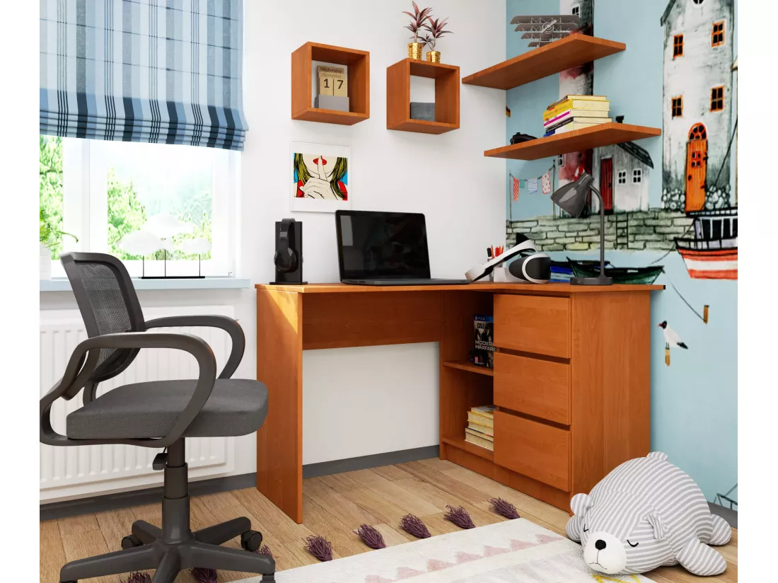 Bureau AKORD d'angle droit B16 Aulne 124 cm 3 tiroirs façade Aulne 2 étagères 124x85x77 cm