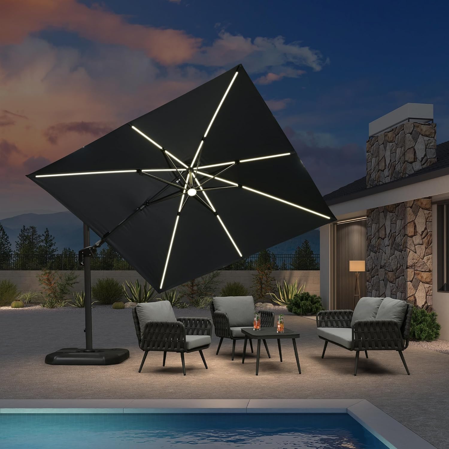PURPLE LEAF Ampelschirm 300 x 300 cm Sonnenschirm mit LED Beleuchtung, Neigbar Kippbar Gartenschirm mit Kurbel, Aluminium Gestell, 360° Rotation, Grau
