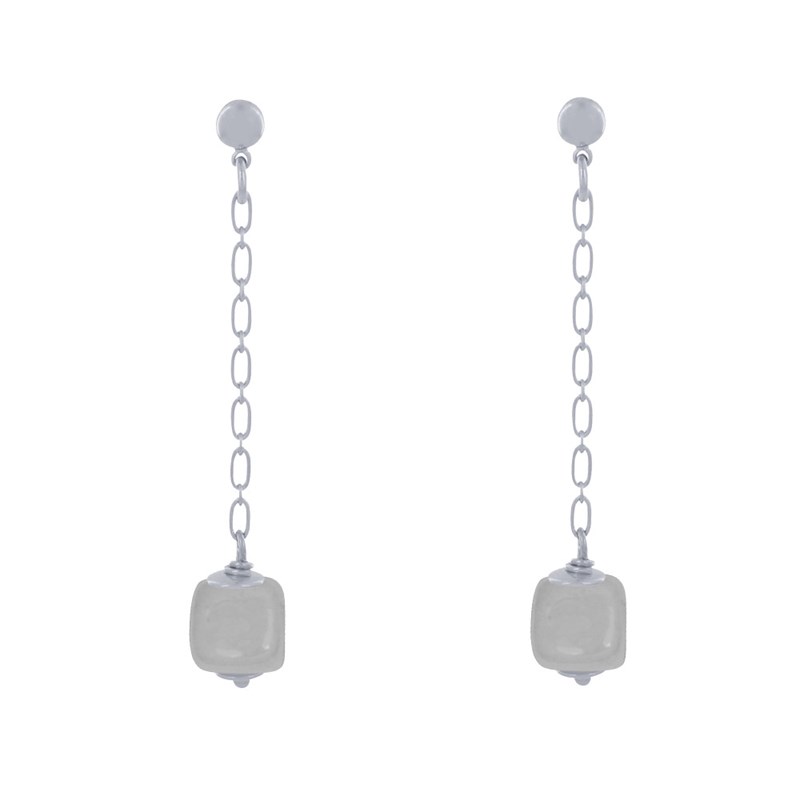 Boucles d'Oreilles Chainette Laiton Argenté et Cube en Céramique