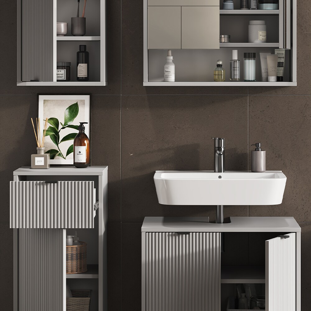 Vicco Badmöbel-Set Eliza, Grau, Badezimmer, moderne Badserie, extravagante Fronten, Waschtischunterschrank, Spiegelschrank, Midischrank, Hängeschrank