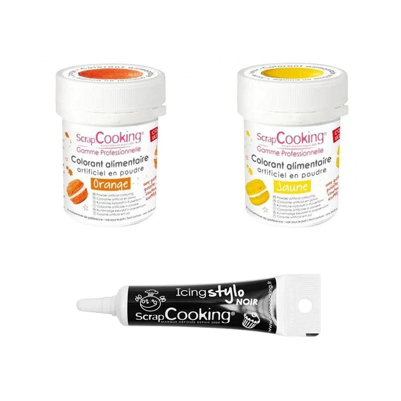 2 colorants alimentaires orange-jaune + Stylo glaçage noir Scrapcookin