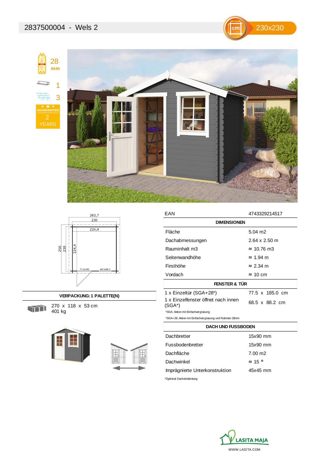 Gartenhaus WELS 2 - carbongrau - Fichte massiv - 230x230 cm