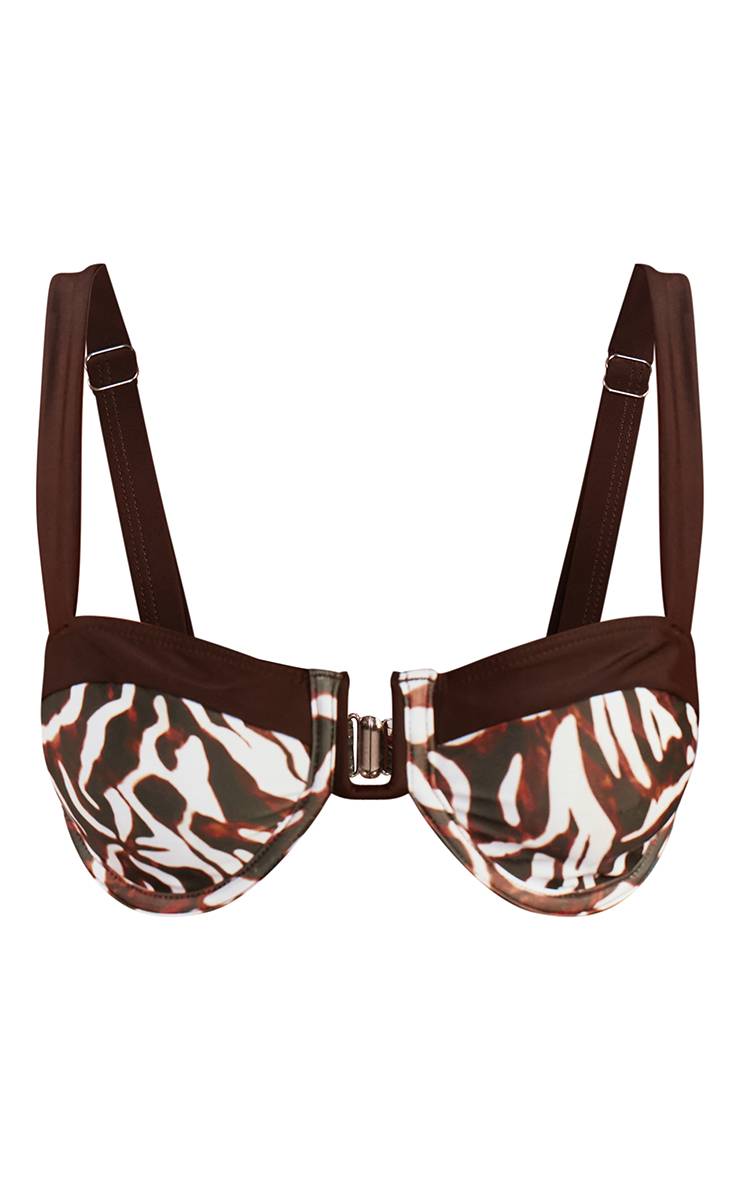 Marron Haut De Bikini À Armatures Avec Barre En U Et Imprimé Contrasté Chocolat