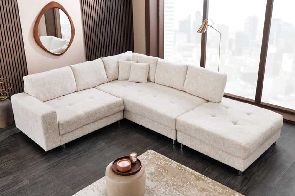 Moderne Wohnlandschaft KENT 220cm champagner beige Strickstoff Ecksofa inkl. Hocker