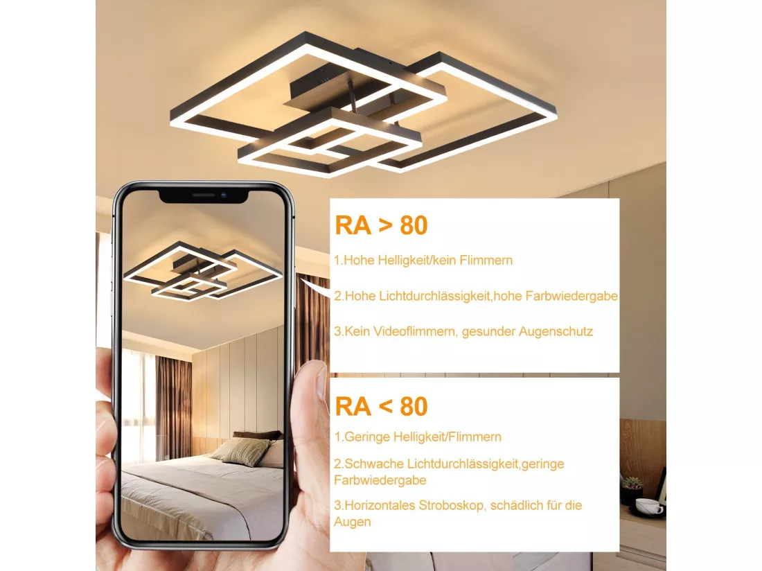 NETTLIFE Plafonnier LED Lampe de Salon Noir Dimmable avec Télécommande 84 W Lampe de Chambre Moderne pour Cuisine Couloir Bureau Salle à Manger
