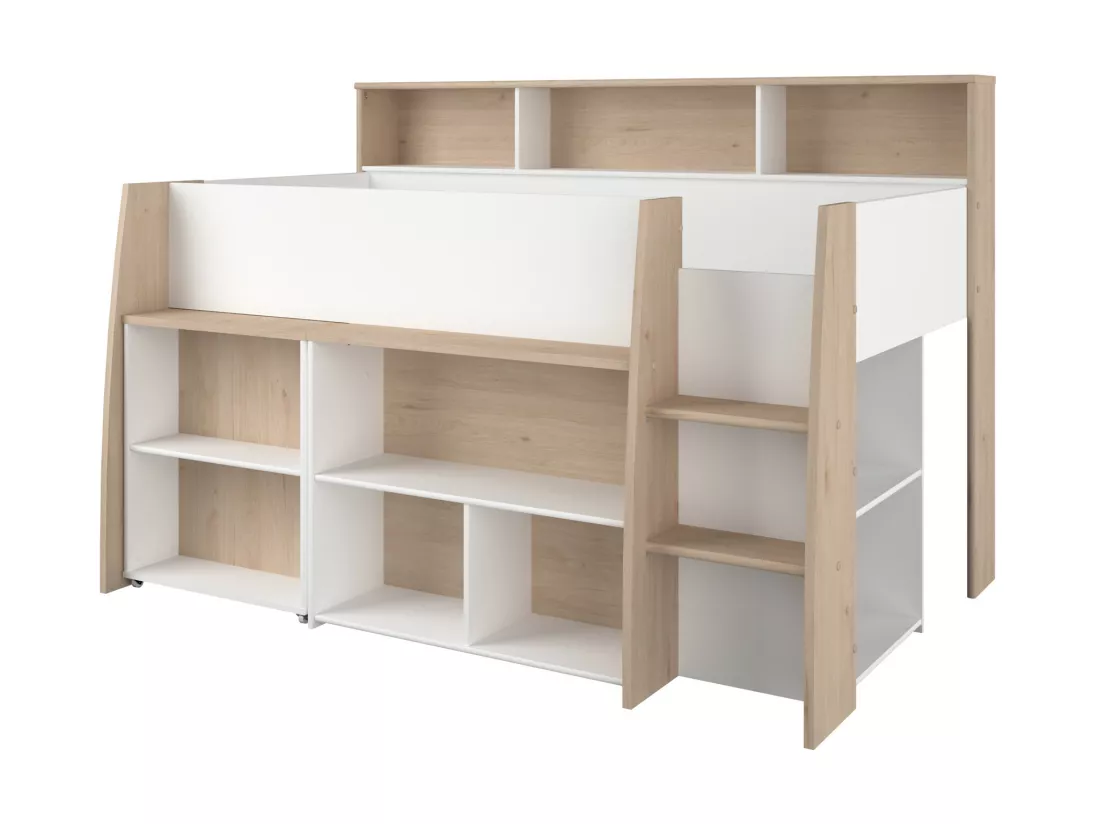 Lit combiné 90 x 200 cm avec bureau et rangements - Blanc et naturel + Matelas - APOLINO