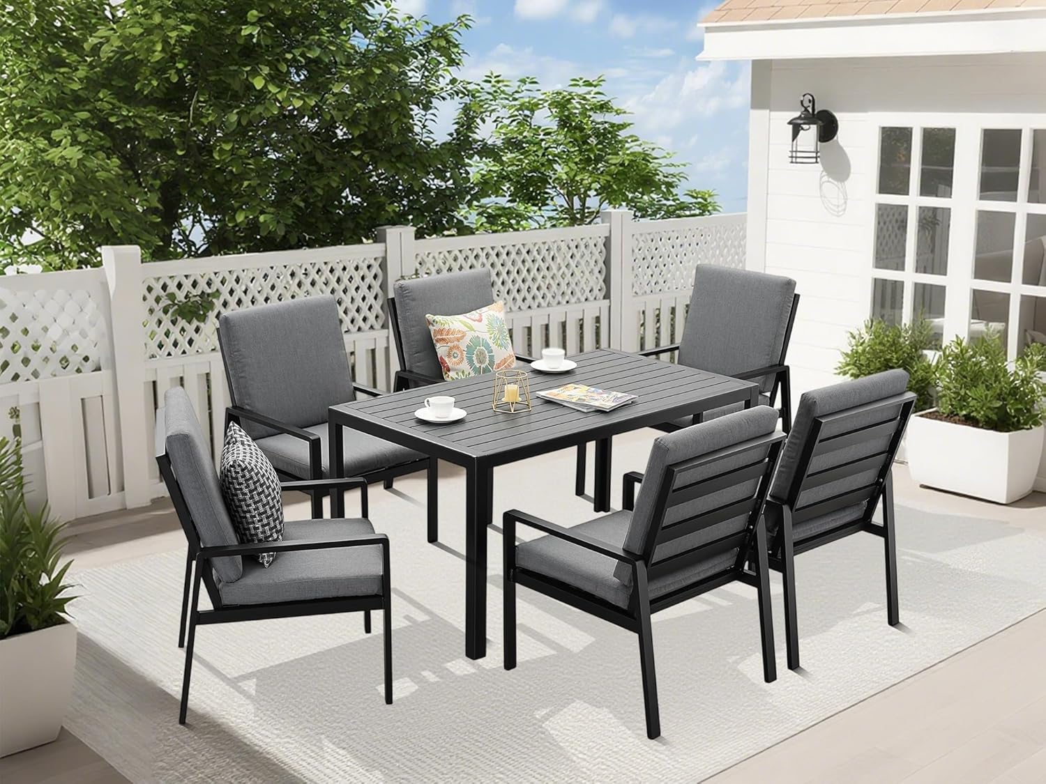 Atenza Gartenmöbel Set 6 Personen, 6+1 Aluminium Tisch und Stühle Set, 6 Sessel, 1 WPC Esstisch, inkl. Auflagen, Wetterfest Terrassenmöbel für Garten Terrasse Balkon (Schwarz, 6 Sessel+1 Esstisch)