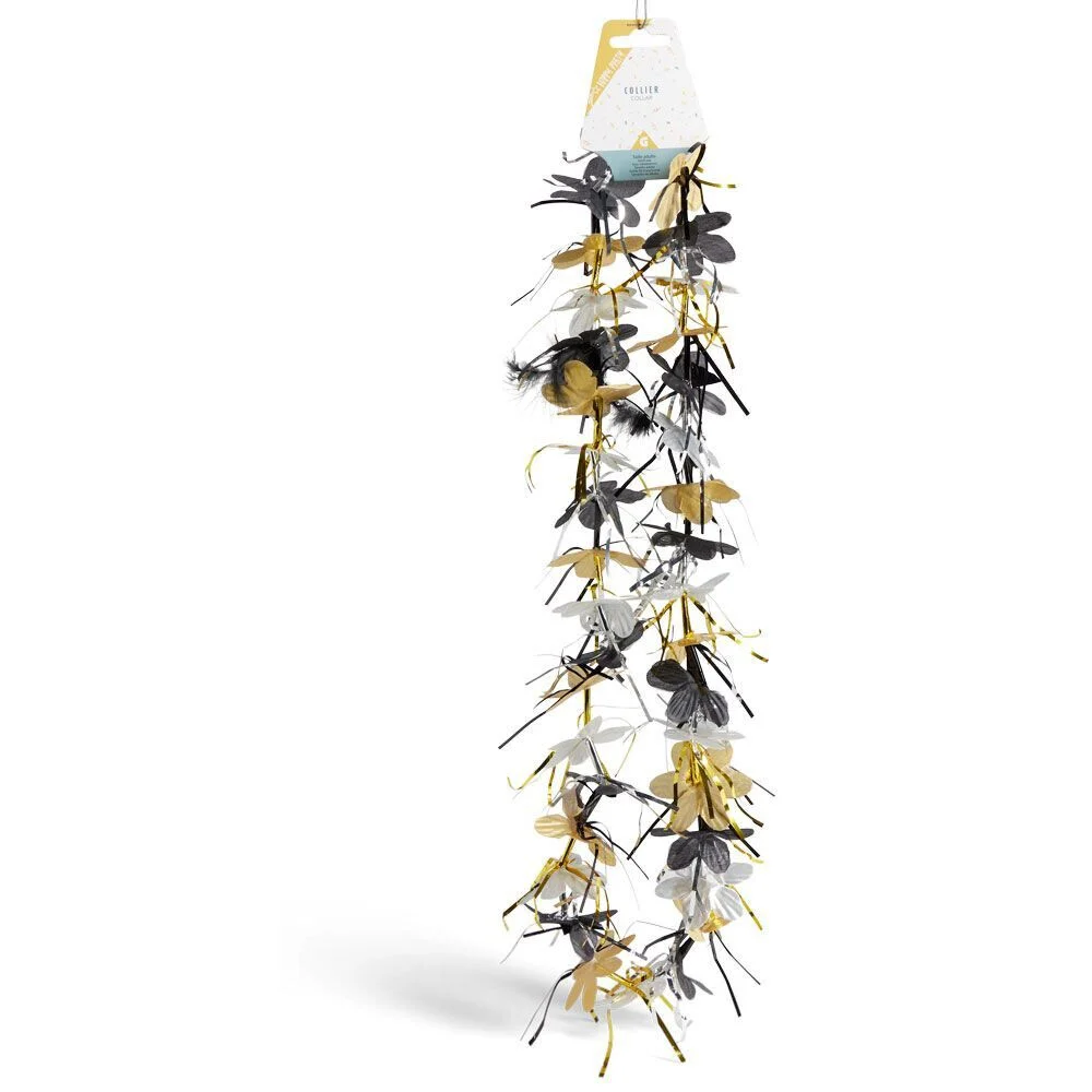 Guirlande fleurs fantaisie noir blanc doré L90cm
