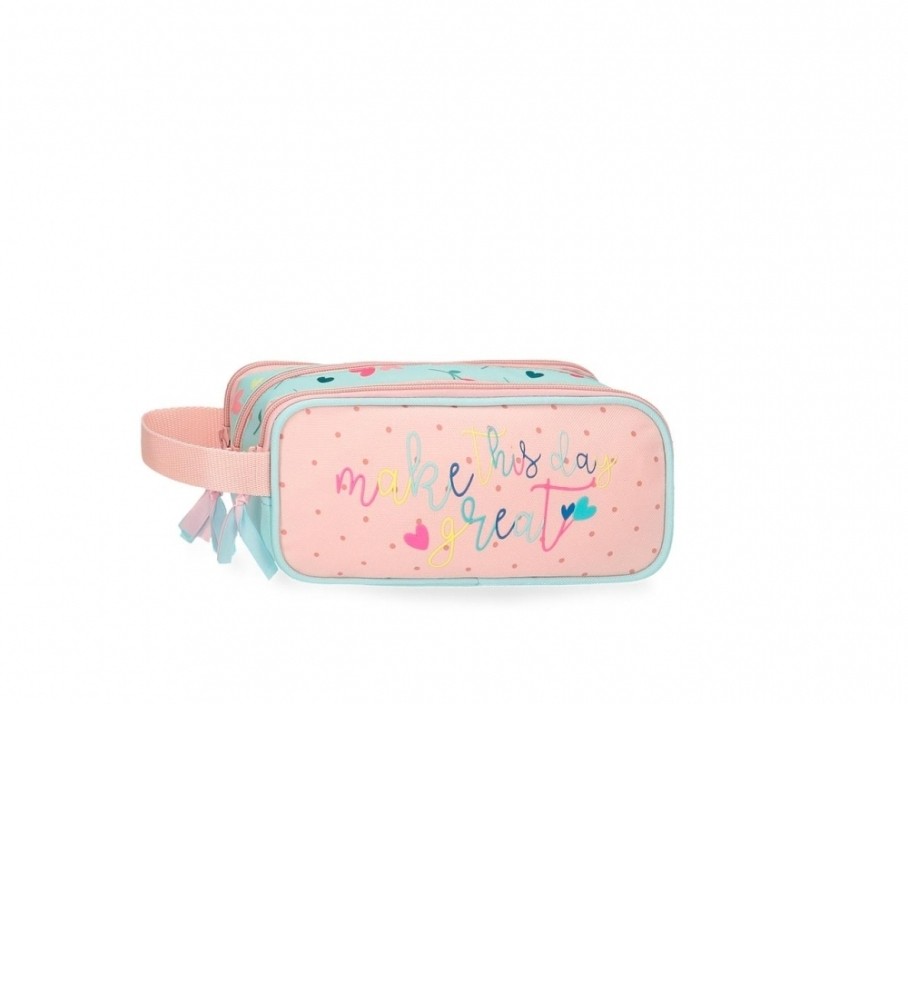 Estojo Roll Road Queen of Hearts, três compartimentos, turquesa, rosa