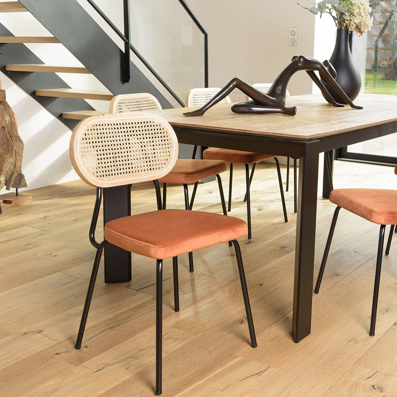Macabane 2 Chaises velours dossier rotin Albane orange - 48x51x81.5 cm