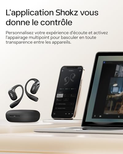 SHOKZ OpenFit 2 Casque à Oreilles Libres, écouteurs Bluetooth sans Fil avec Micro, écouteurs avec Crochet d’oreille et 48 Heures de Lecture, Charge Rapide, résistance IP55, Sac de Transport, Noir
