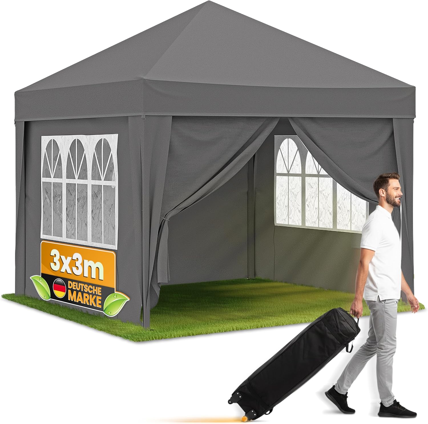 Pavillon 3x3 Wasserdicht Stabil Winterfest und UV 50+ Schutz - Faltpavillon mit Seitenwänden - Pop Up Zelt für Garten, Camping, Märkte - Gartenpavillon (Grau, 3x3m)