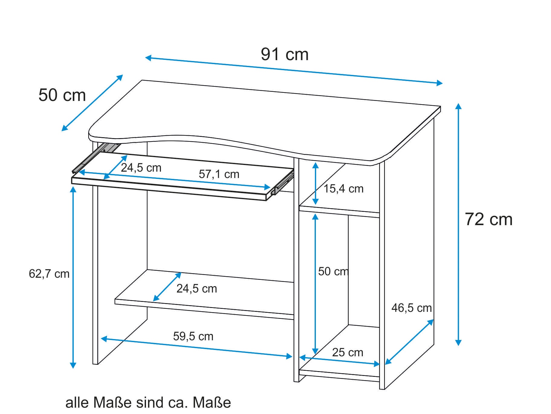 VOGL Möbelfabrik Schreibtisch »Sam« mit Tastaturauszug & Towerfach, geschwungene Tischplatte, Breite 91 cm