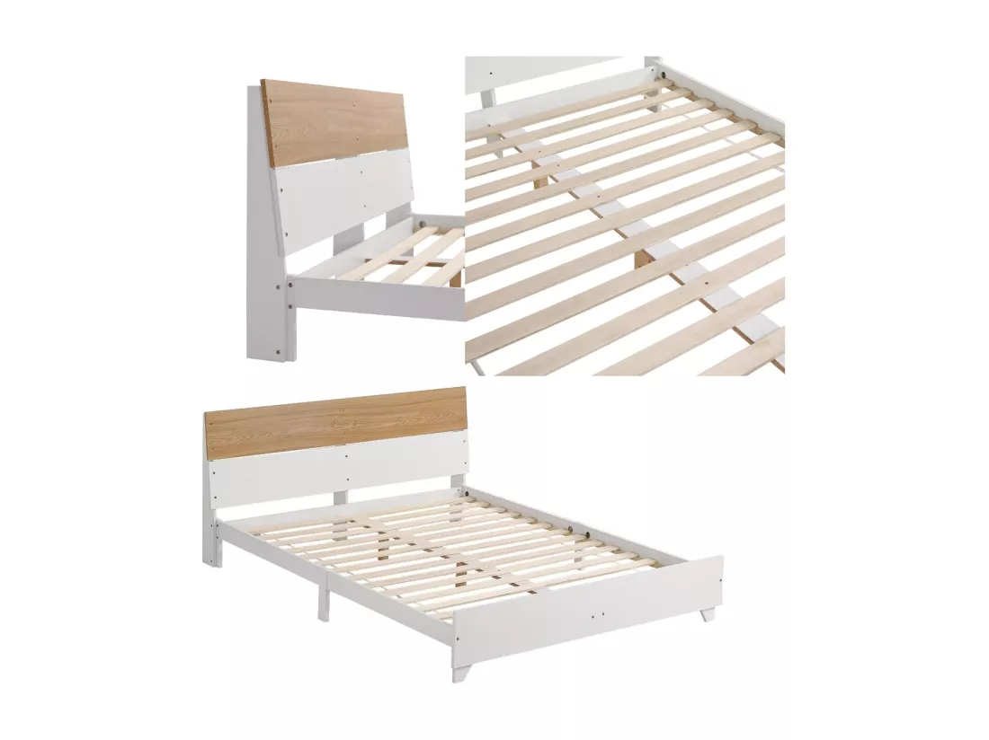 Ensemble lit adulte 160x200 cm en bois + Commode + Table de chevet - Blanc & Naturel