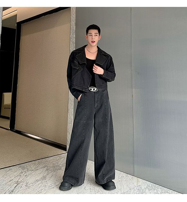 Freehop - Asymmetrische denim jas met kraag en knopen